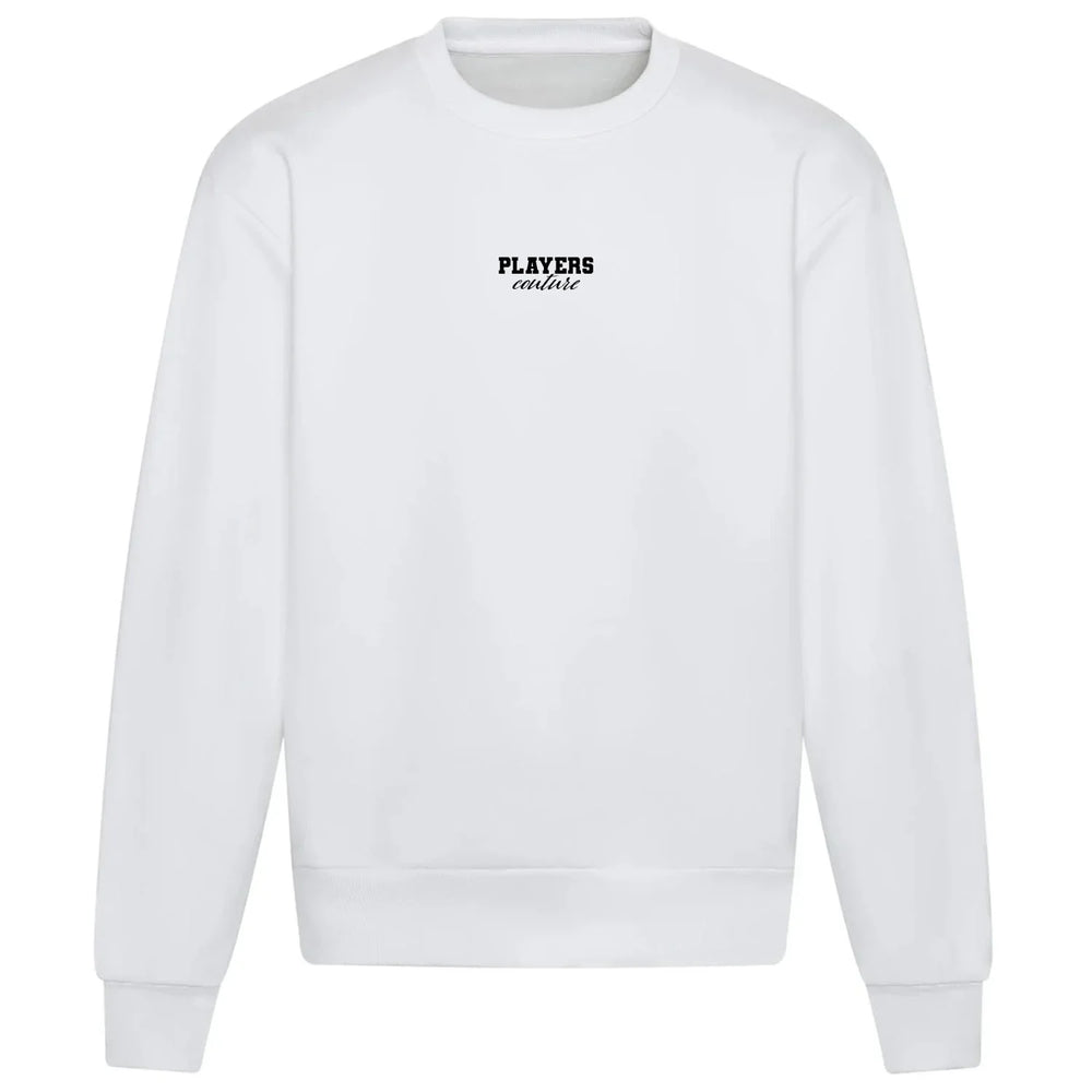 Essentials Collection hoodie – white men's hoodie with black Essentials Collection letters and Players Couture logo on the