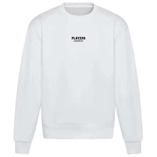 Essentials Collection hoodie – white men's hoodie with black Essentials Collection letters and Players Couture logo on the
