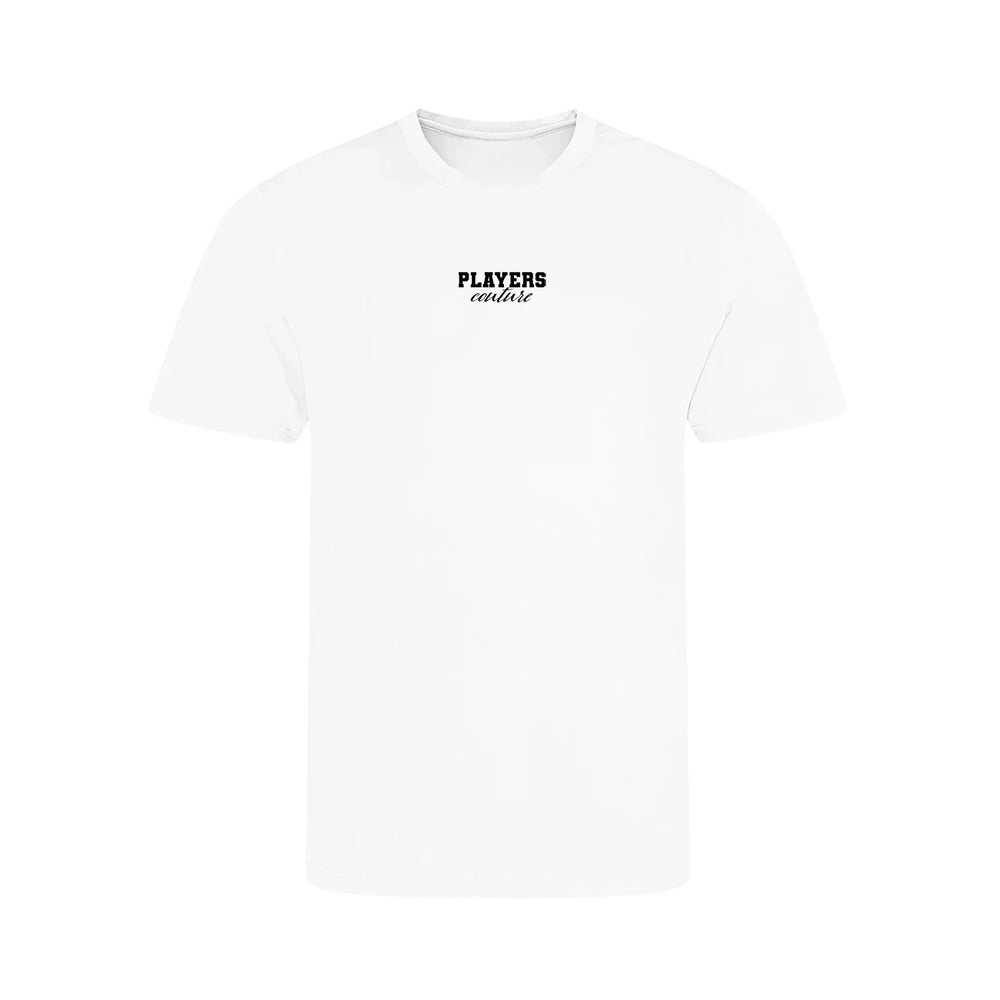 Essentials Collection t-shirt – white kids' t-shirt with black Essentials Collection letters and Players Couture logo on the