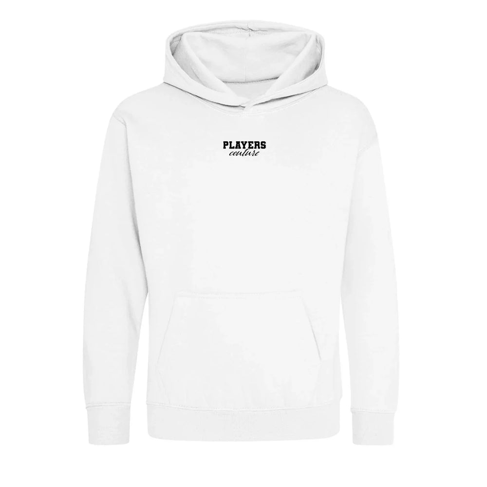 Essentials Collection hoodie – white kids' hoodie with black Essentials Collection letters and Players Couture logo on the