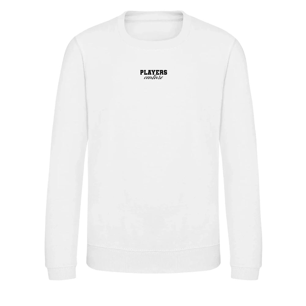 Essentials Collection hoodie – white kids' hoodie with black Essentials Collection letters and Players Couture logo on the