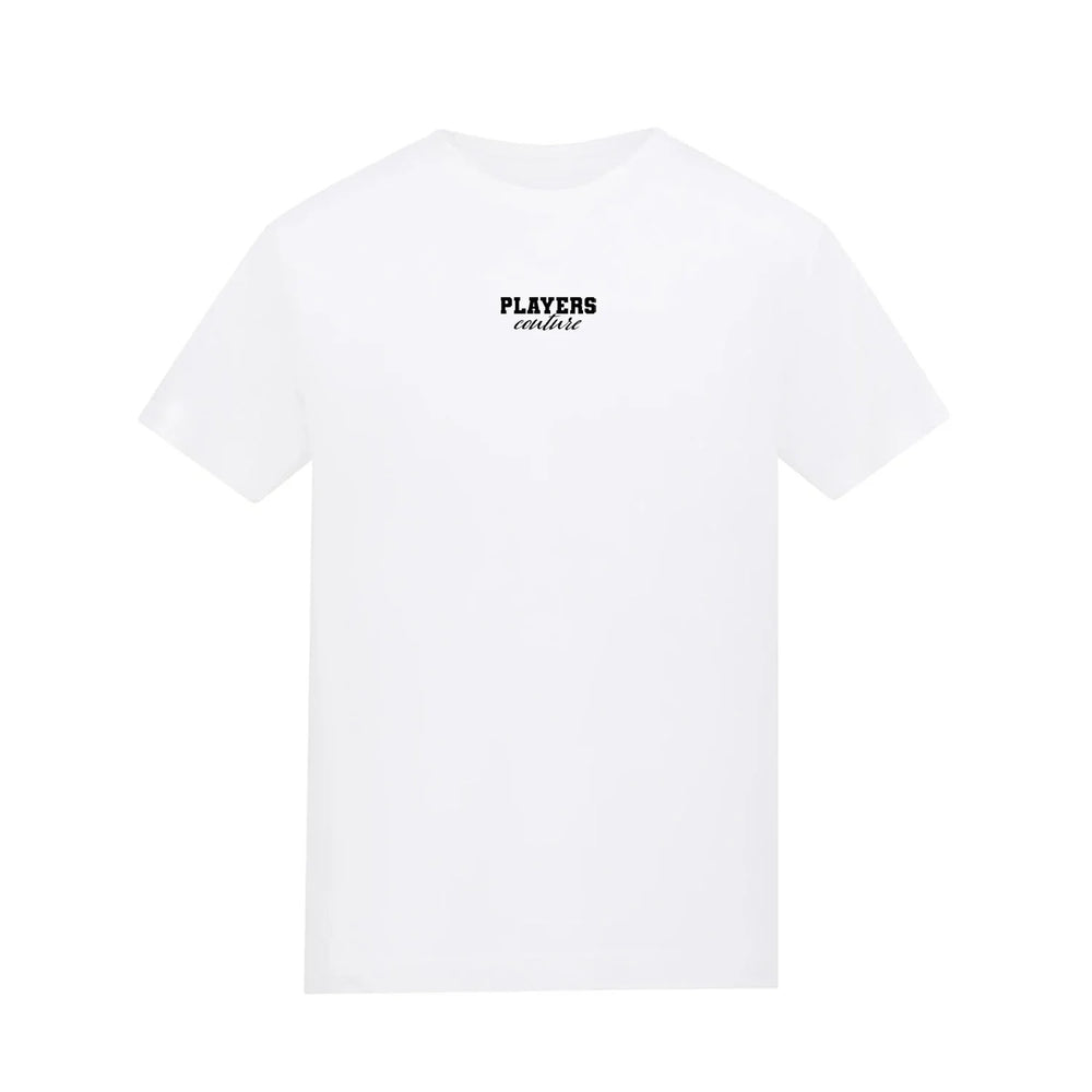 Essentials Collection t-shirt – white kids' t-shirt with black Essentials Collection letters and Players Couture logo on the