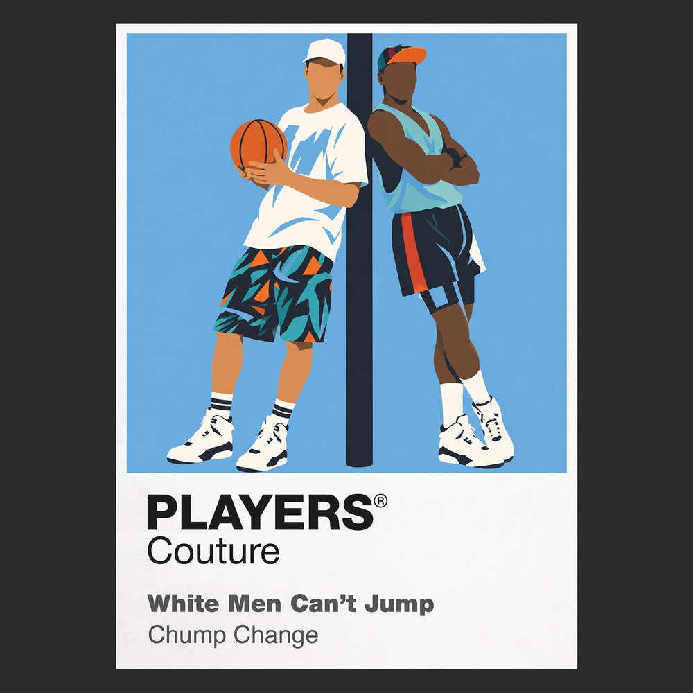 White Men Can't Jump Billy Hoyle and Sidney Deane on a Venice Beach basketball court in vivid early-1990s streetwear Icon Frame artwork in black