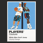 White Men Can't Jump Billy Hoyle and Sidney Deane on a Venice Beach basketball court in vivid early-1990s streetwear Icon Frame artwork in black