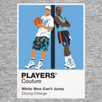 White Men Can't Jump Billy Hoyle and Sidney Deane on a Venice Beach basketball court in vivid early-1990s streetwear Icon Frame artwork in grey