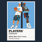 White Men Can't Jump Billy Hoyle and Sidney Deane on a Venice Beach basketball court in vivid early-1990s streetwear Icon Frame artwork in navy