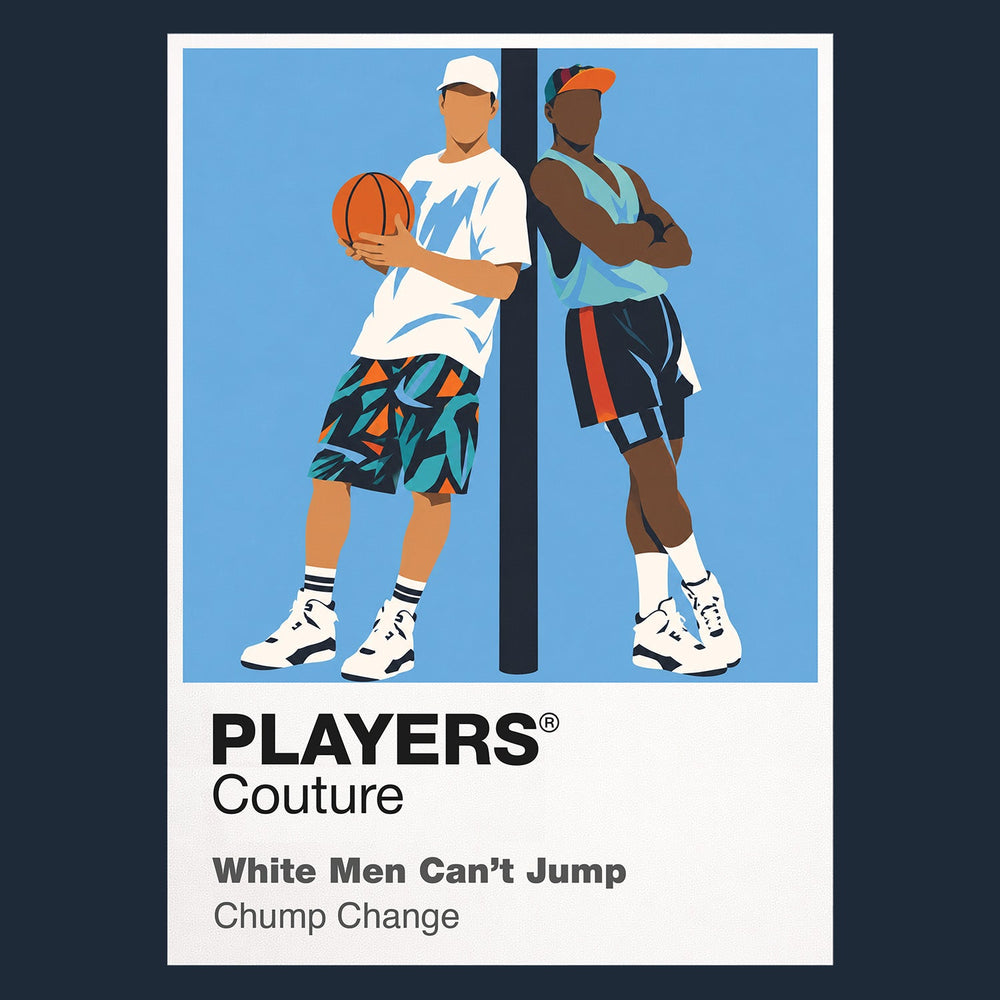 White Men Can't Jump Billy Hoyle and Sidney Deane on a Venice Beach basketball court in vivid early-1990s streetwear Icon Frame artwork in navy