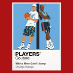 White Men Can't Jump Billy Hoyle and Sidney Deane on a Venice Beach basketball court in vivid early-1990s streetwear Icon Frame artwork in red