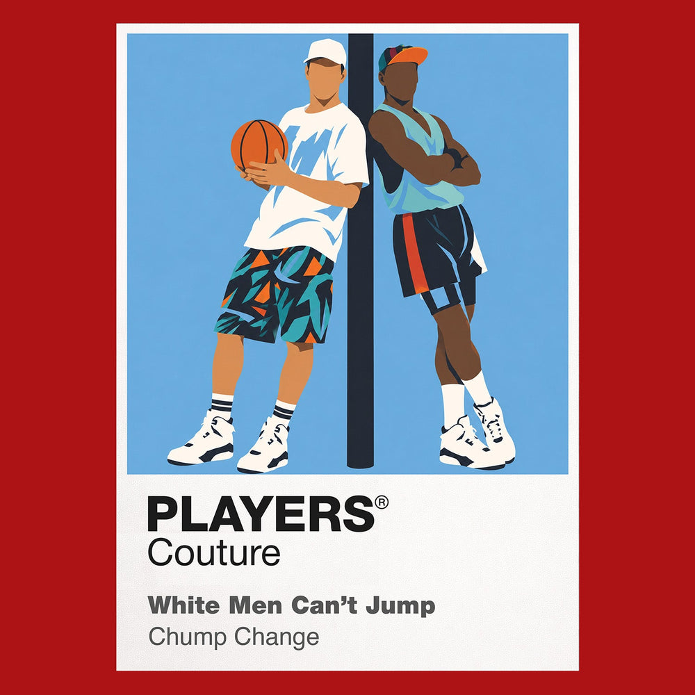 White Men Can't Jump Billy Hoyle and Sidney Deane on a Venice Beach basketball court in vivid early-1990s streetwear Icon Frame artwork in red