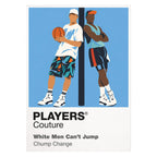 White Men Can't Jump Billy Hoyle and Sidney Deane on a Venice Beach basketball court in vivid early-1990s streetwear Icon Frame artwork on white