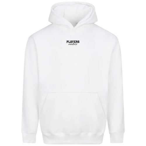 Essentials Collection hoodie – white men's hoodie with black Essentials Collection letters and Players Couture logo on the
