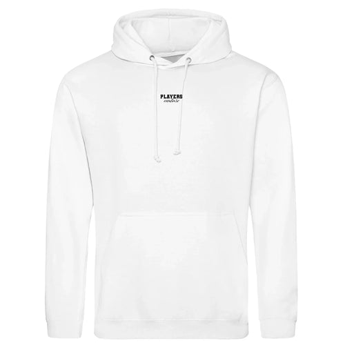 Essentials Collection hoodie – white men's hoodie with black Essentials Collection letters and Players Couture logo on the