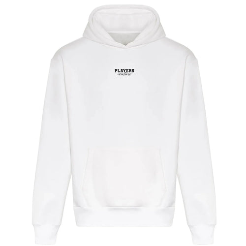 Essentials Collection hoodie – white men's hoodie with black Essentials Collection letters and Players Couture logo on the