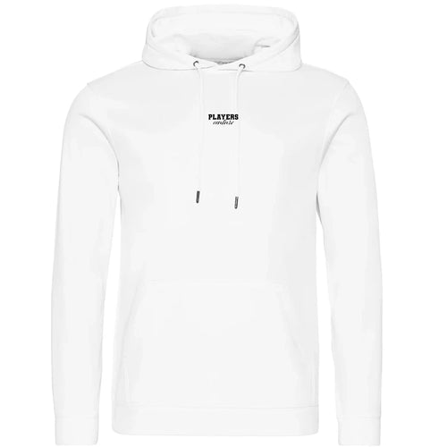 Essentials Collection hoodie – white men's hoodie with black Essentials Collection letters and Players Couture logo on the
