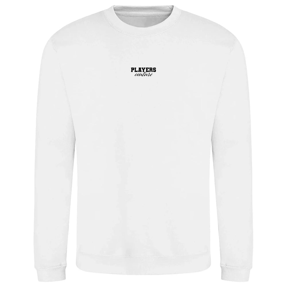 Essentials Collection hoodie – white men's hoodie with black Essentials Collection letters and Players Couture logo on the