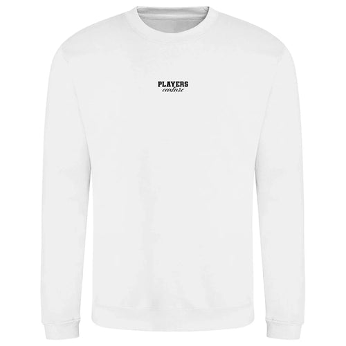 Essentials Collection hoodie – white men's hoodie with black Essentials Collection letters and Players Couture logo on the