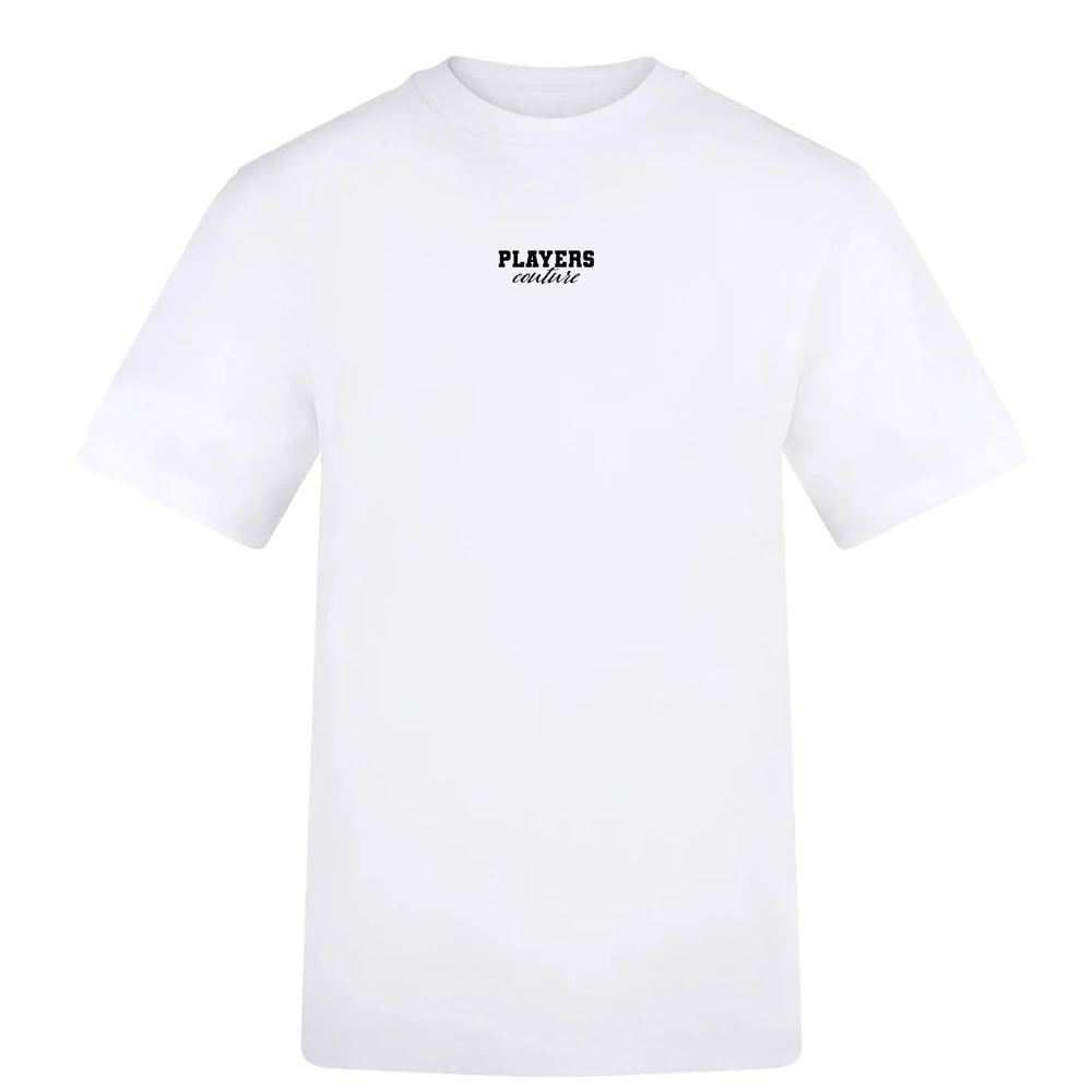Essentials Collection t-shirt – white men's t-shirt with black Essentials Collection letters and Players Couture logo on the
