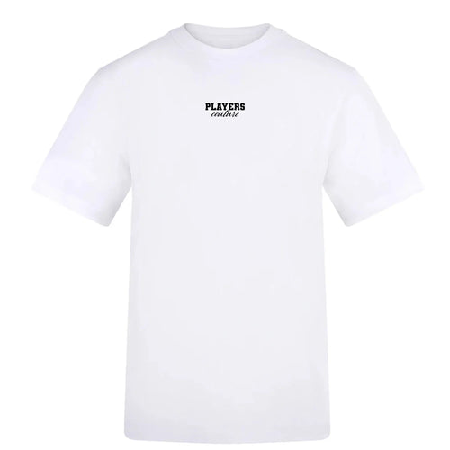 Essentials Collection t-shirt – white men's t-shirt with black Essentials Collection letters and Players Couture logo on the