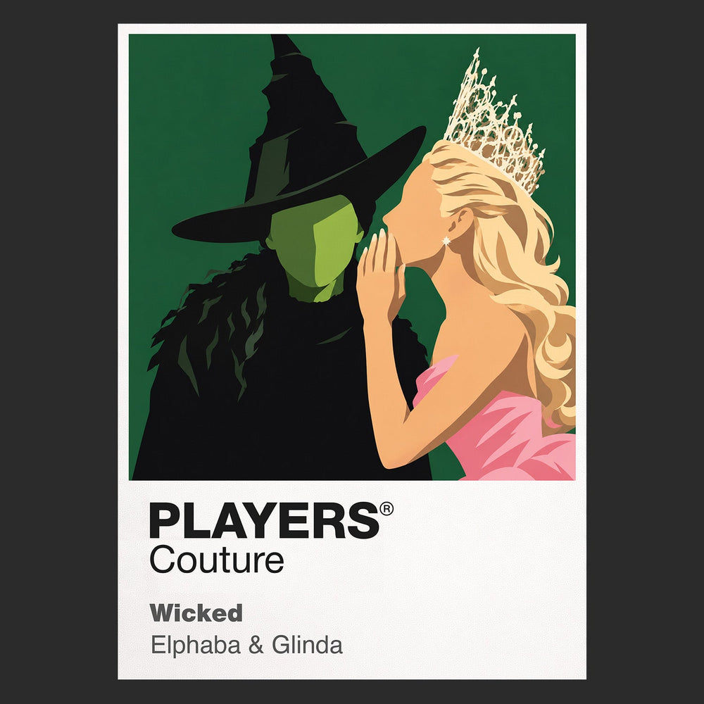 Wicked Elphaba and Glinda in contrasting green, pink and black silhouettes above the land of Oz Icon Frame artwork in black