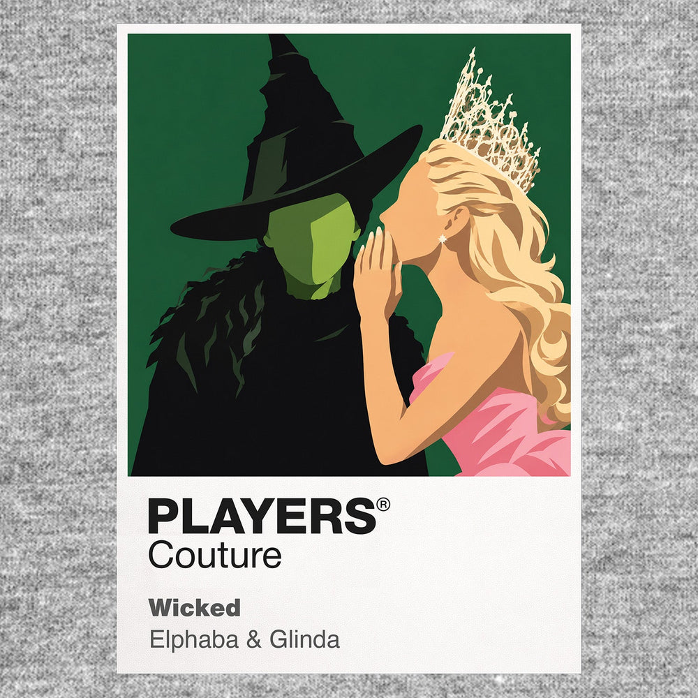 Wicked Elphaba and Glinda in contrasting green, pink and black silhouettes above the land of Oz Icon Frame artwork in grey