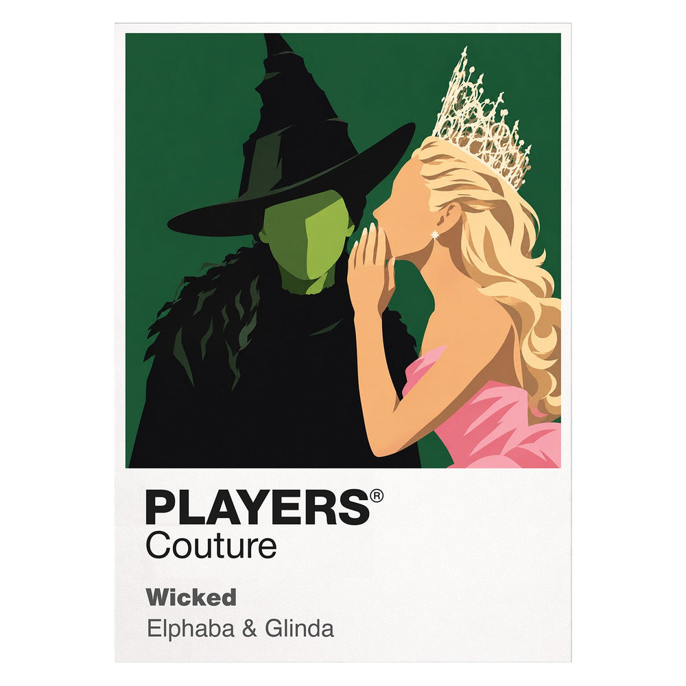 Wicked Elphaba and Glinda in contrasting green, pink and black silhouettes above the land of Oz Icon Frame artwork on white