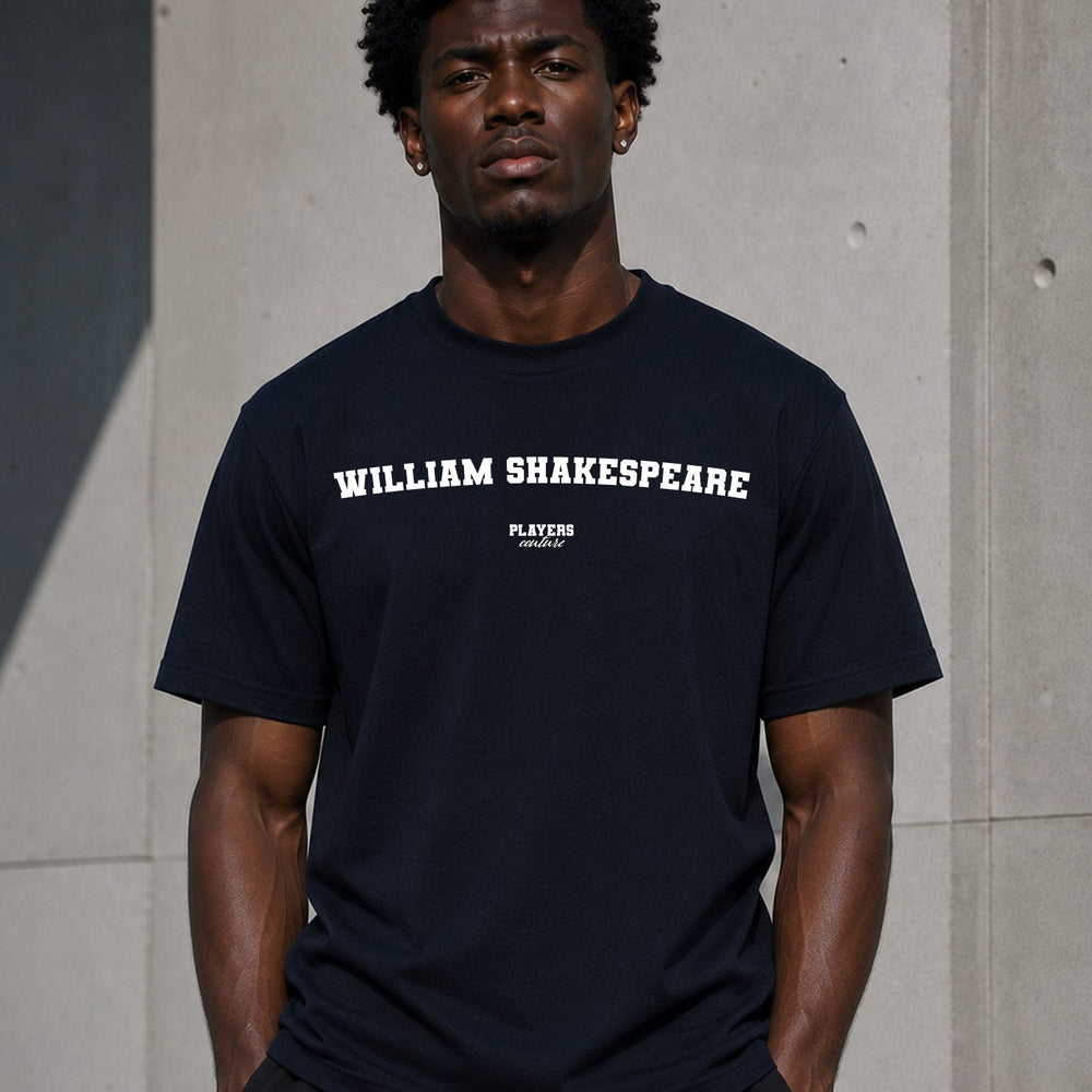 William Shakespeare Men's T-Shirt — lifestyle photo, Navy t-shirt