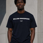 William Shakespeare Men's T-Shirt — lifestyle photo, Navy t-shirt