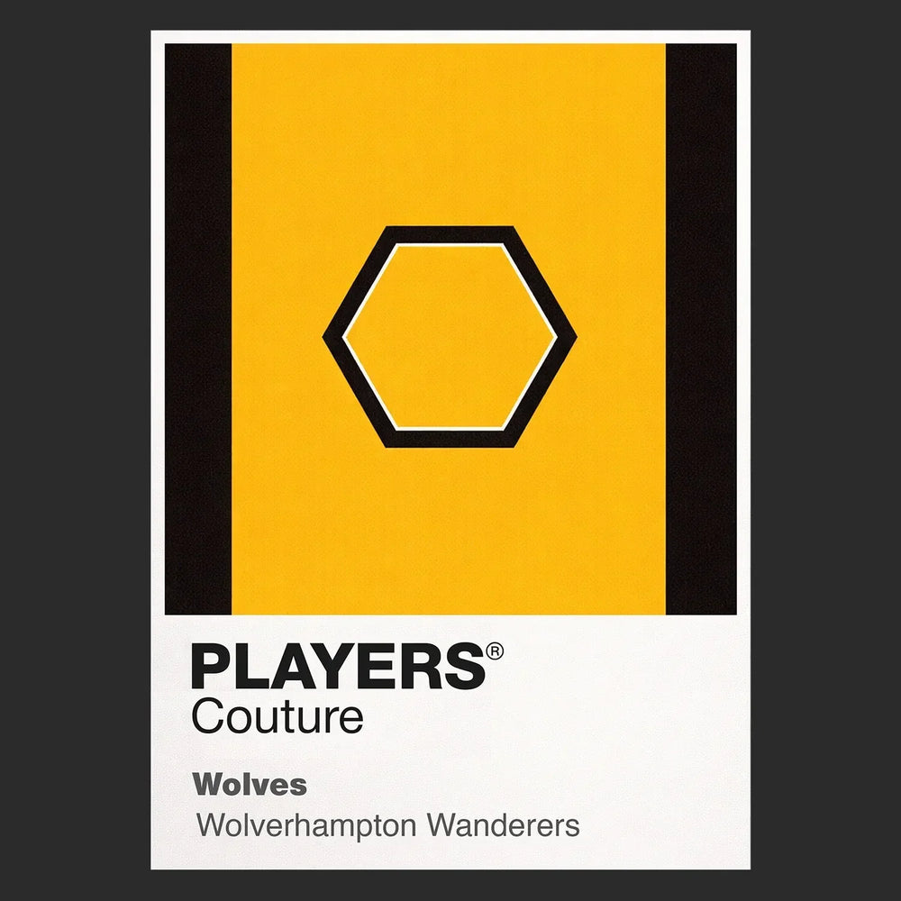 Wolves Classic Football Shirt Colours Frame Men's T-Shirt – black close-up detail shot of the Wolves Players Couture logo
