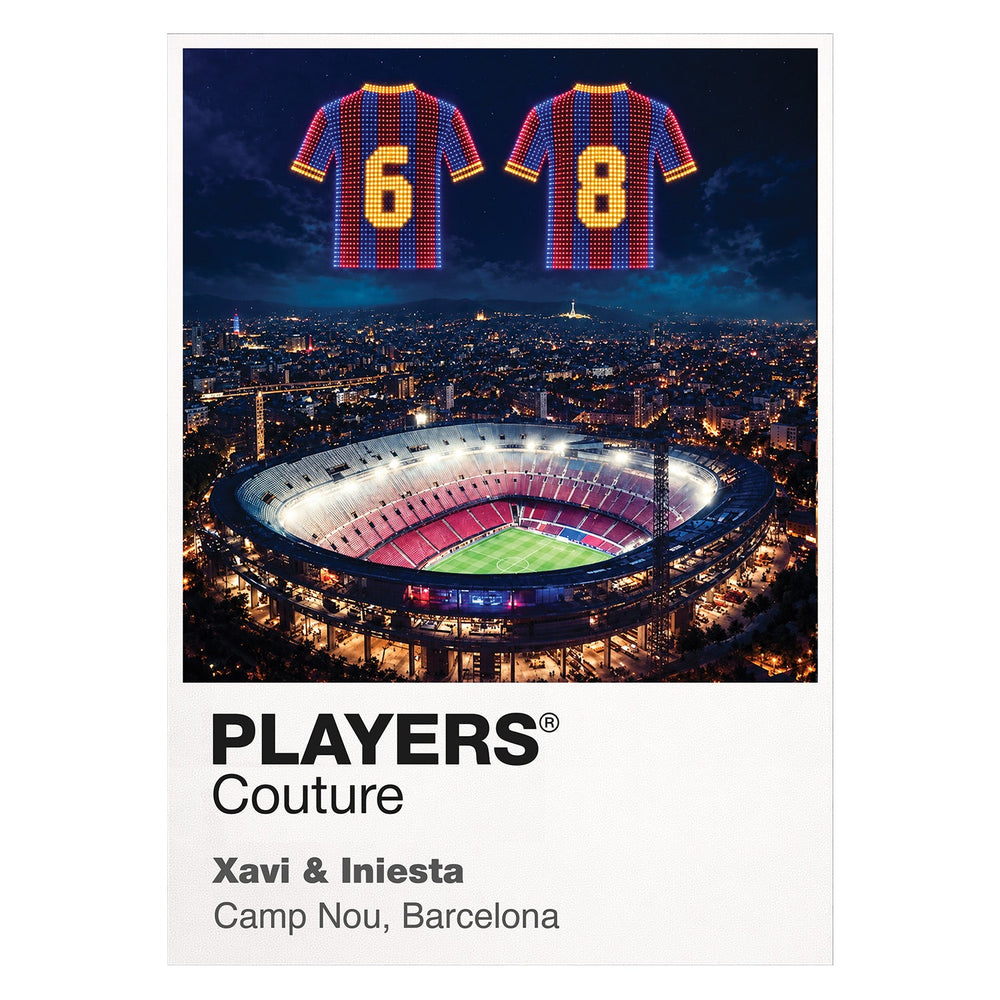 Xavi and Iniesta Barcelona numbers 6 and 8 Icons in Lights Frame artwork in white