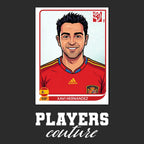 Xavi World Cup Sticker Men's T-Shirt – black close-up detail shot of the Xavi World Cup Players Couture logo design