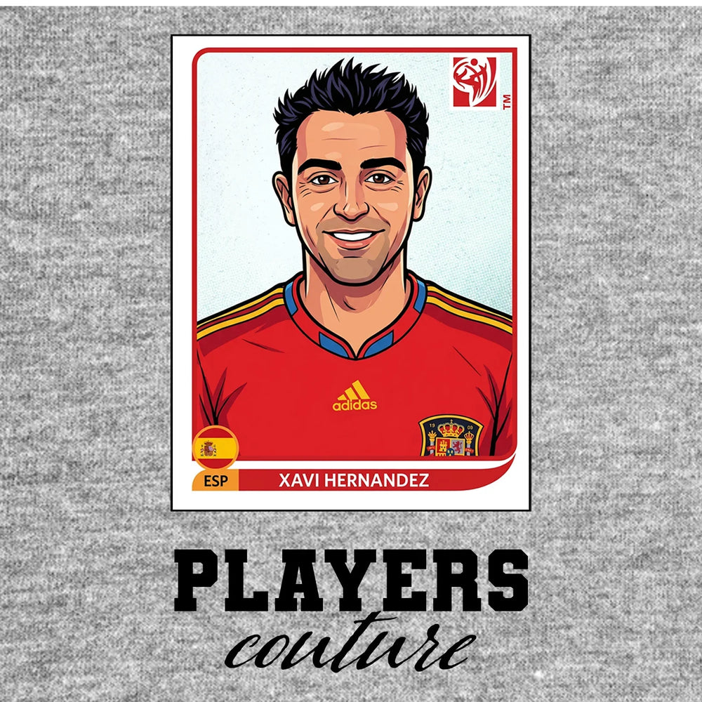 Xavi World Cup Sticker Men's T-Shirt – grey close-up detail shot of the Xavi World Cup Players Couture logo design
