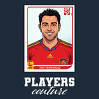 Xavi World Cup Sticker Men's T-Shirt – navy close-up detail shot of the Xavi World Cup Players Couture logo design