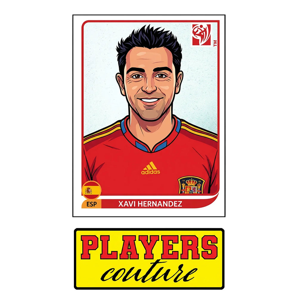 Xavi World Cup Sticker Men's T-Shirt – close-up detail shot of the Xavi World Cup Players Couture logo design