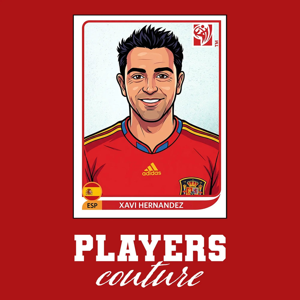 Xavi World Cup Sticker Men's T-Shirt – red close-up detail shot of the Xavi World Cup Players Couture logo design