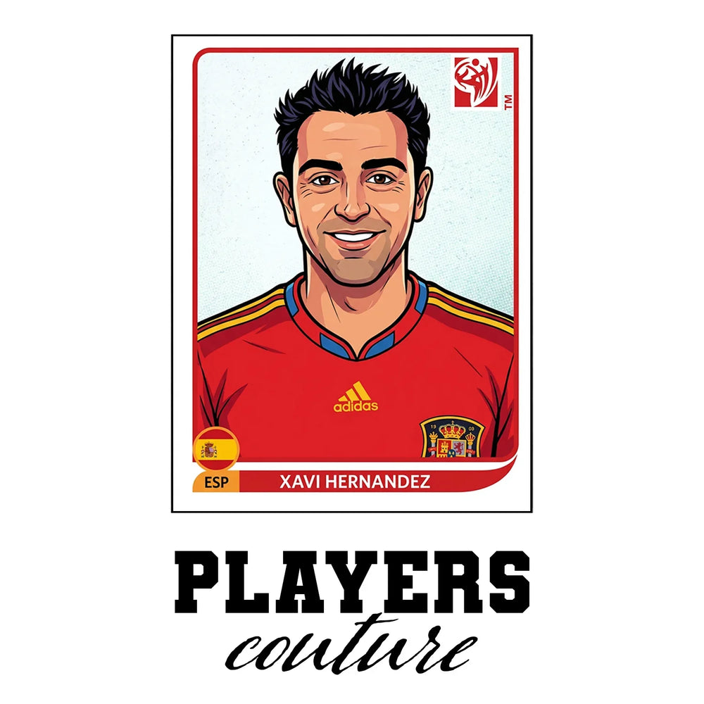 Xavi World Cup Sticker Men's T-Shirt – white close-up detail shot of the Xavi Players Couture logo design
