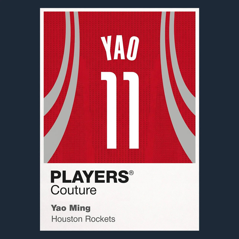 Yao Ming 11 Jersey Frame Men's T-Shirt – navy close-up detail shot of the Yao Ming 11 Players Couture logo design