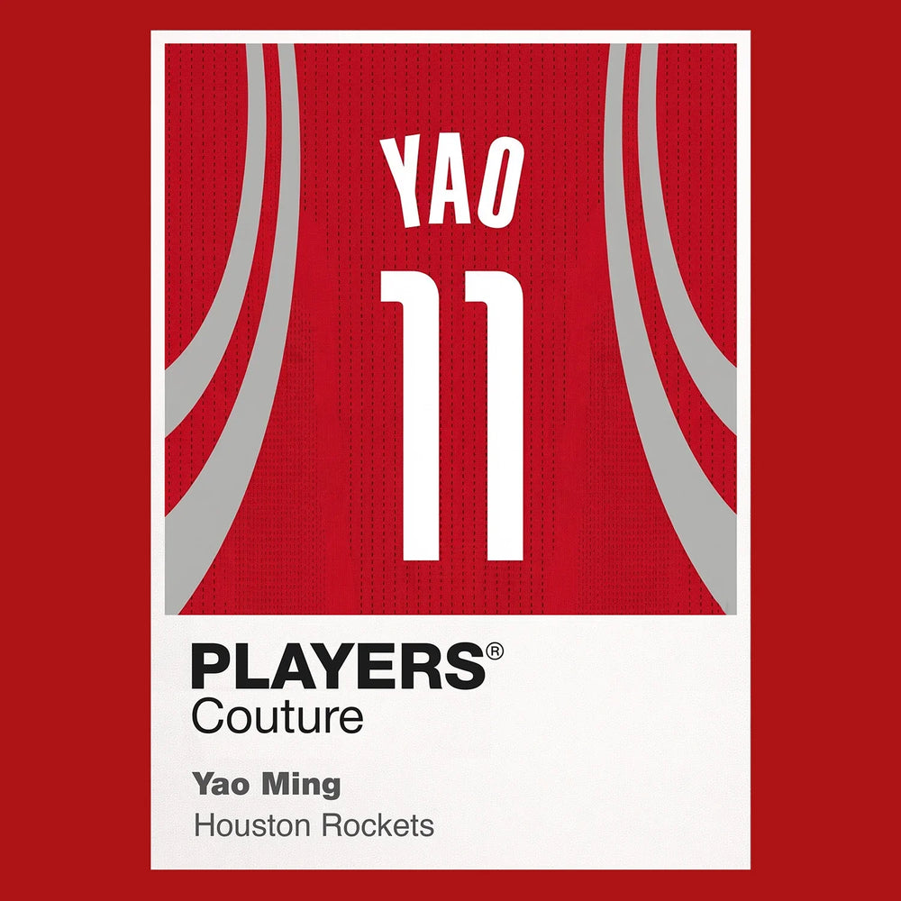 Yao Ming 11 Jersey Frame Men's T-Shirt – red close-up detail shot of the Yao Ming 11 Players Couture logo design