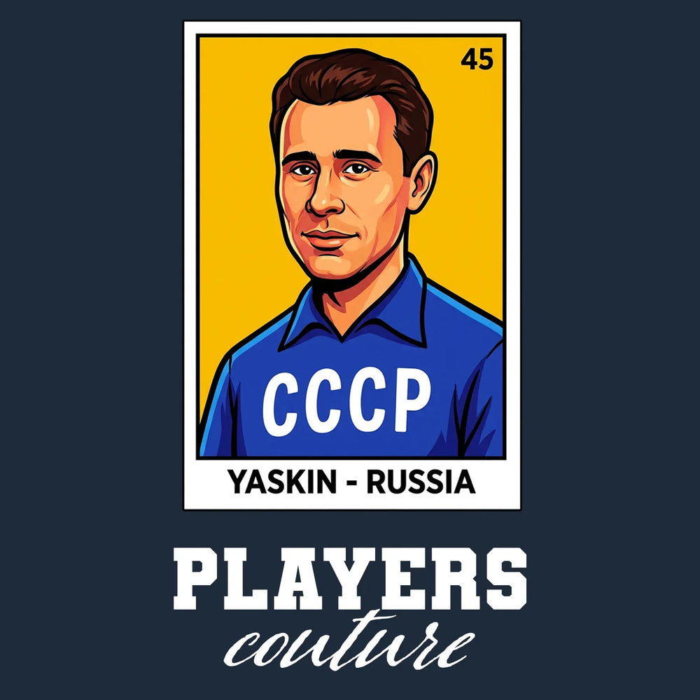 Lev Yashin World Cup Sticker Men's T-Shirt – navy close-up detail shot of the Lev Yashin World Cup Players Couture logo