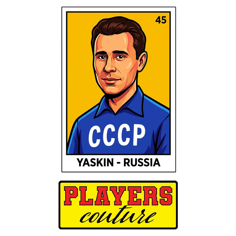 Lev Yashin World Cup Sticker Men's T-Shirt – close-up detail shot of the Lev Yashin World Cup Players Couture logo design