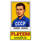 Lev Yashin World Cup Sticker Men's T-Shirt – close-up detail shot of the Lev Yashin World Cup Players Couture logo design