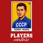 Lev Yashin World Cup Sticker Men's T-Shirt – red close-up detail shot of the Lev Yashin World Cup Players Couture logo design