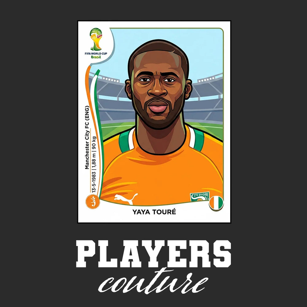 Yaya Toure World Cup Sticker Men's T-Shirt – black close-up detail shot of the Yaya Toure World Cup Players Couture logo