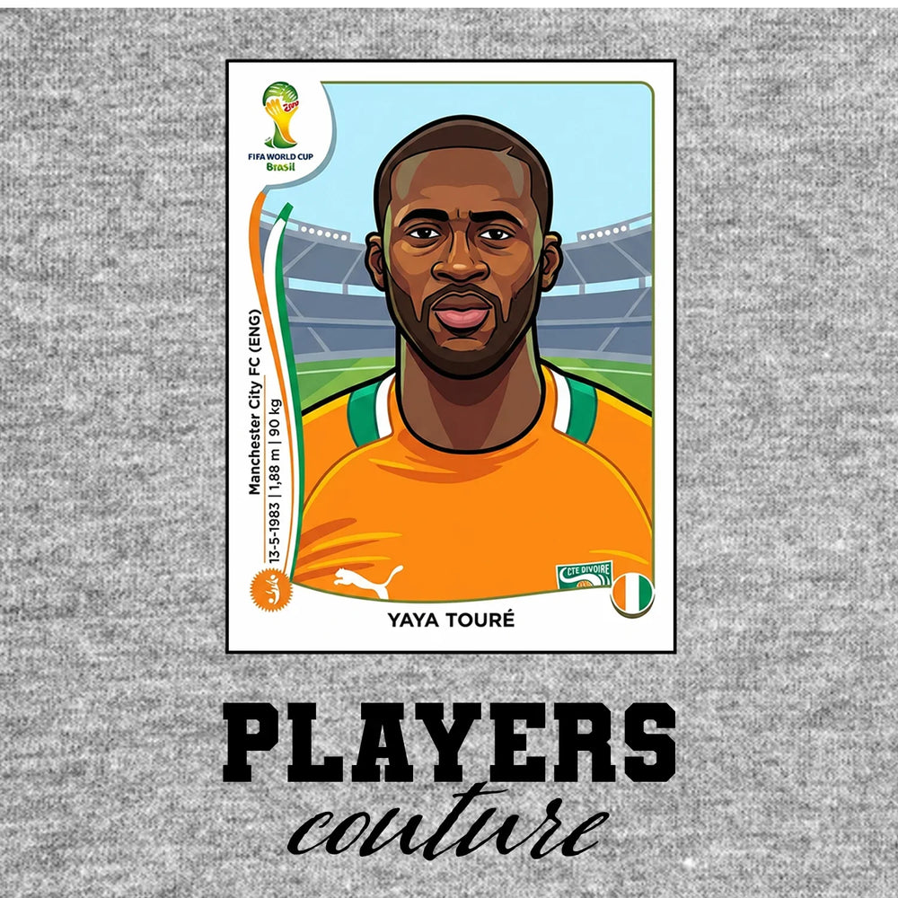 Yaya Toure World Cup Sticker Men's T-Shirt – grey close-up detail shot of the Yaya Toure World Cup Players Couture logo