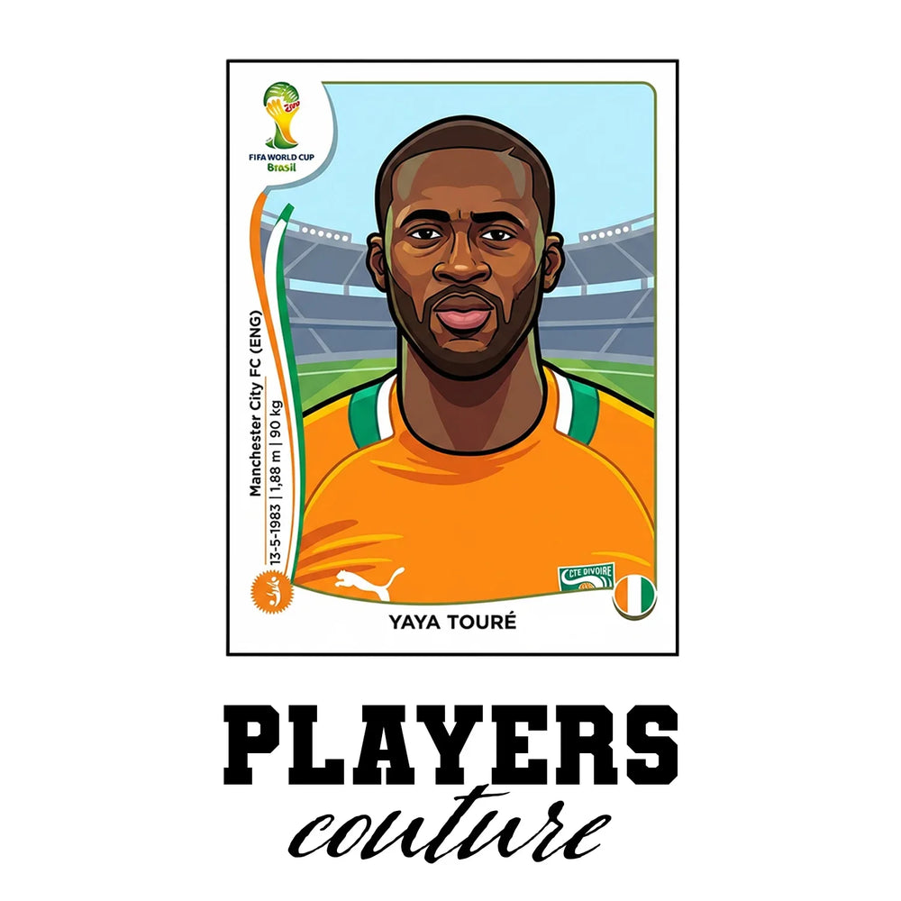 Yaya Toure World Cup Sticker Men's T-Shirt – white close-up detail shot of the Yaya Toure Players Couture logo design