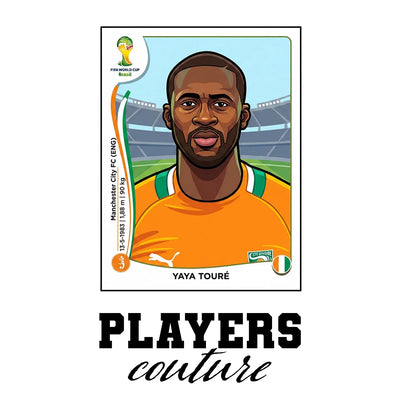 Yaya Toure World Cup Sticker Men's T-Shirt – white close-up detail shot of the Yaya Toure Players Couture logo design