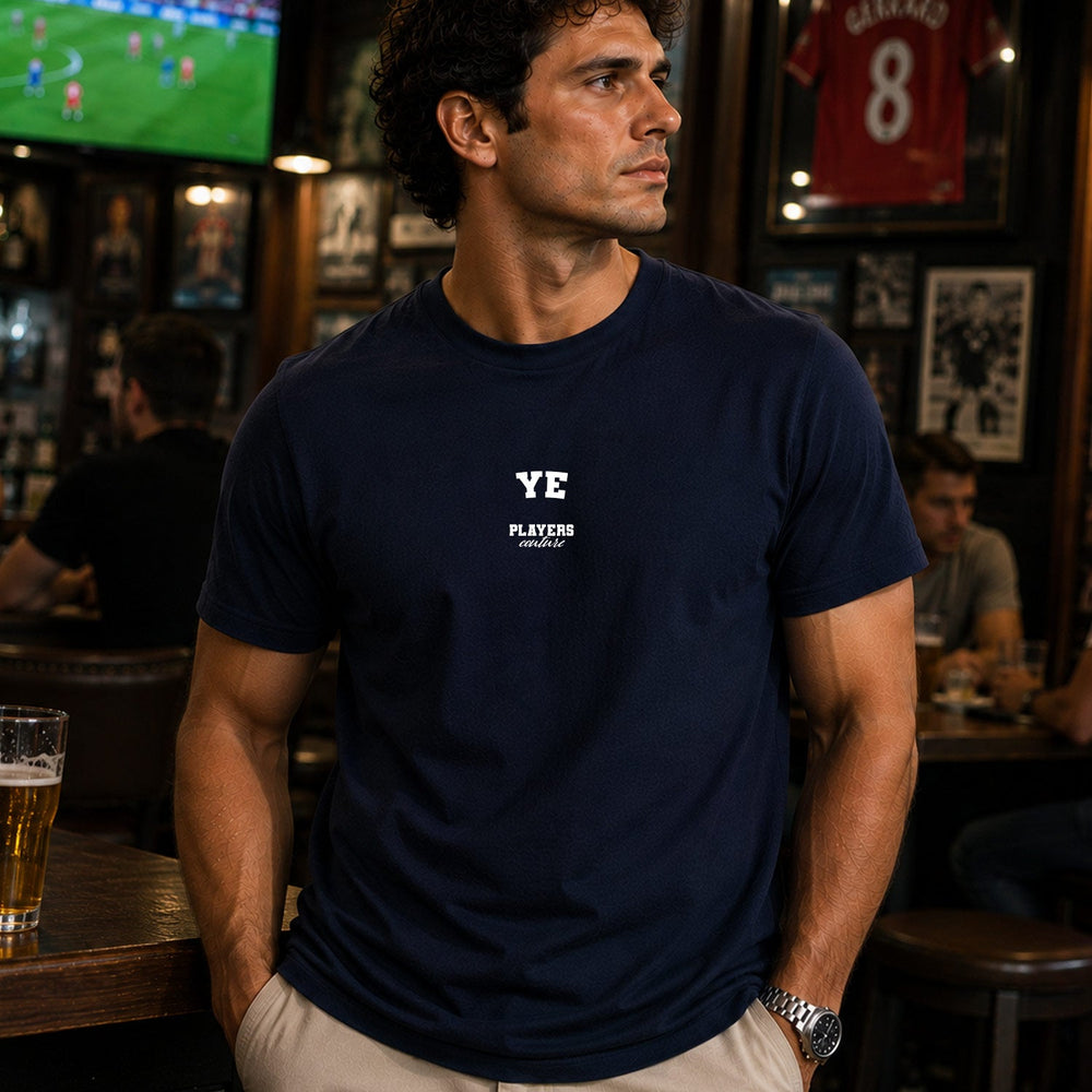 Ye Men's T-Shirt — lifestyle photo, Navy t-shirt