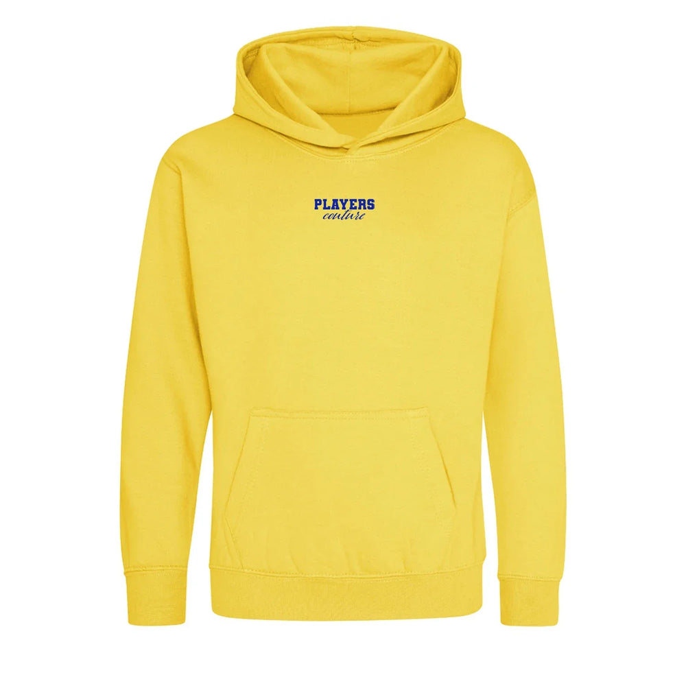 Essentials Collection hoodie – yellow kids' hoodie with black Essentials Collection letters and Players Couture logo on the