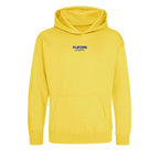 Essentials Collection hoodie – yellow kids' hoodie with black Essentials Collection letters and Players Couture logo on the
