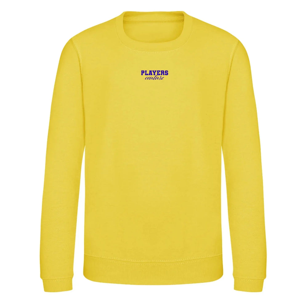 Essentials Collection hoodie – yellow kids' hoodie with black Essentials Collection letters and Players Couture logo on the