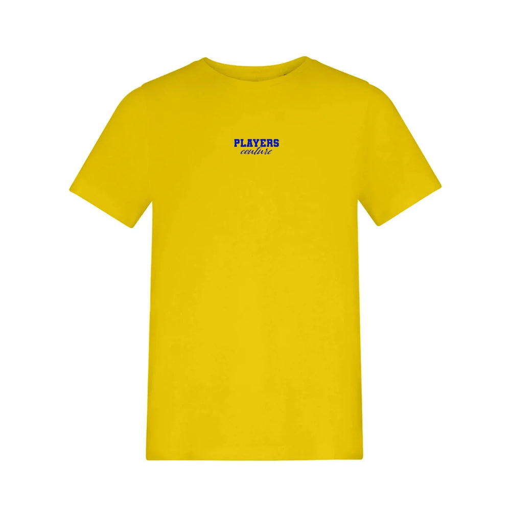 Essentials Collection t-shirt – yellow kids' t-shirt with black Essentials Collection letters and Players Couture logo on